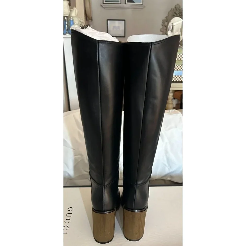 NIB $1800 Gucci Lifford Leather Gold Tone Striped Metallic Knee Boots Black Size